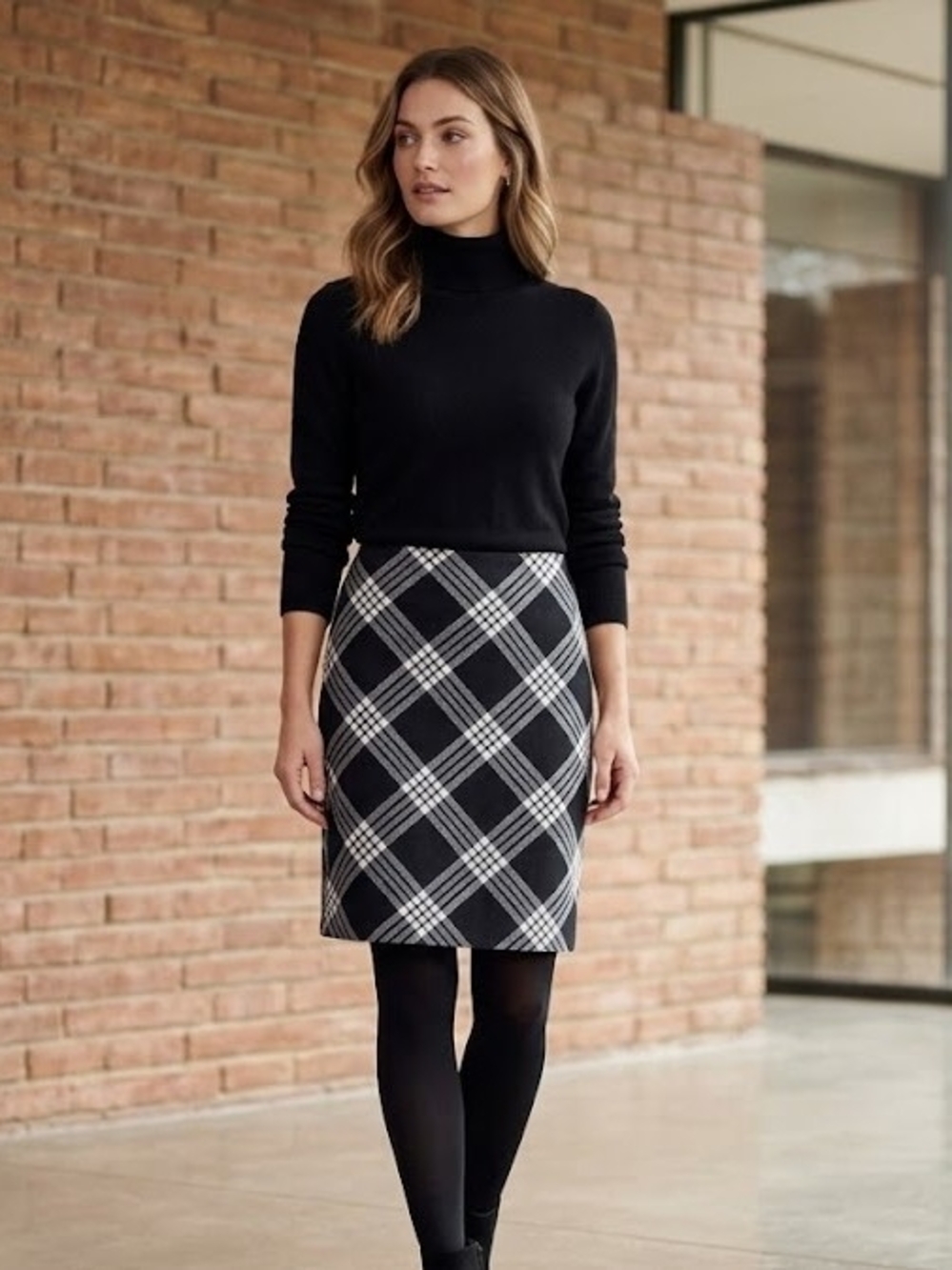 Talbots Black and White Plaid Pencil Skirt